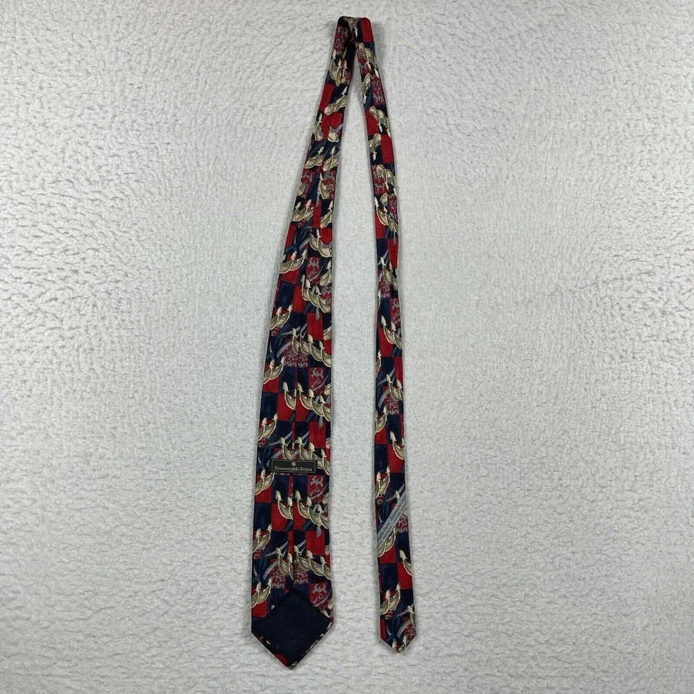 Ermenegildo Zegna Tie Mens OS Red Navy Gold Silk Geometric Crest Luxury Neckwear